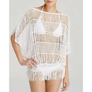EUC Trina Turk White Crochet Lace‎ Fringe Bikini Swim Cover-Up Tunic Size Small